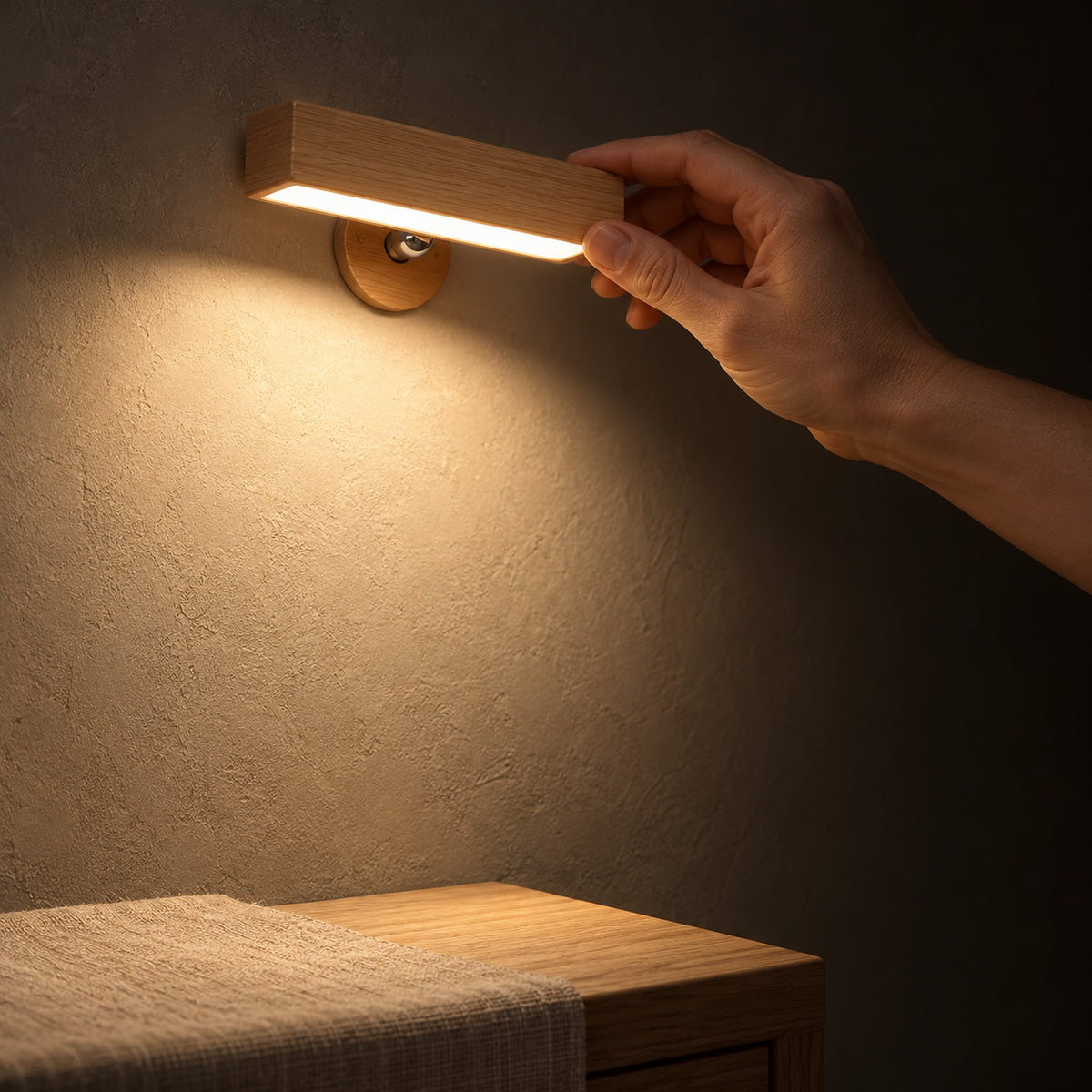 Mirsavel natural LED wall sconce casting warm evening light across a dining room