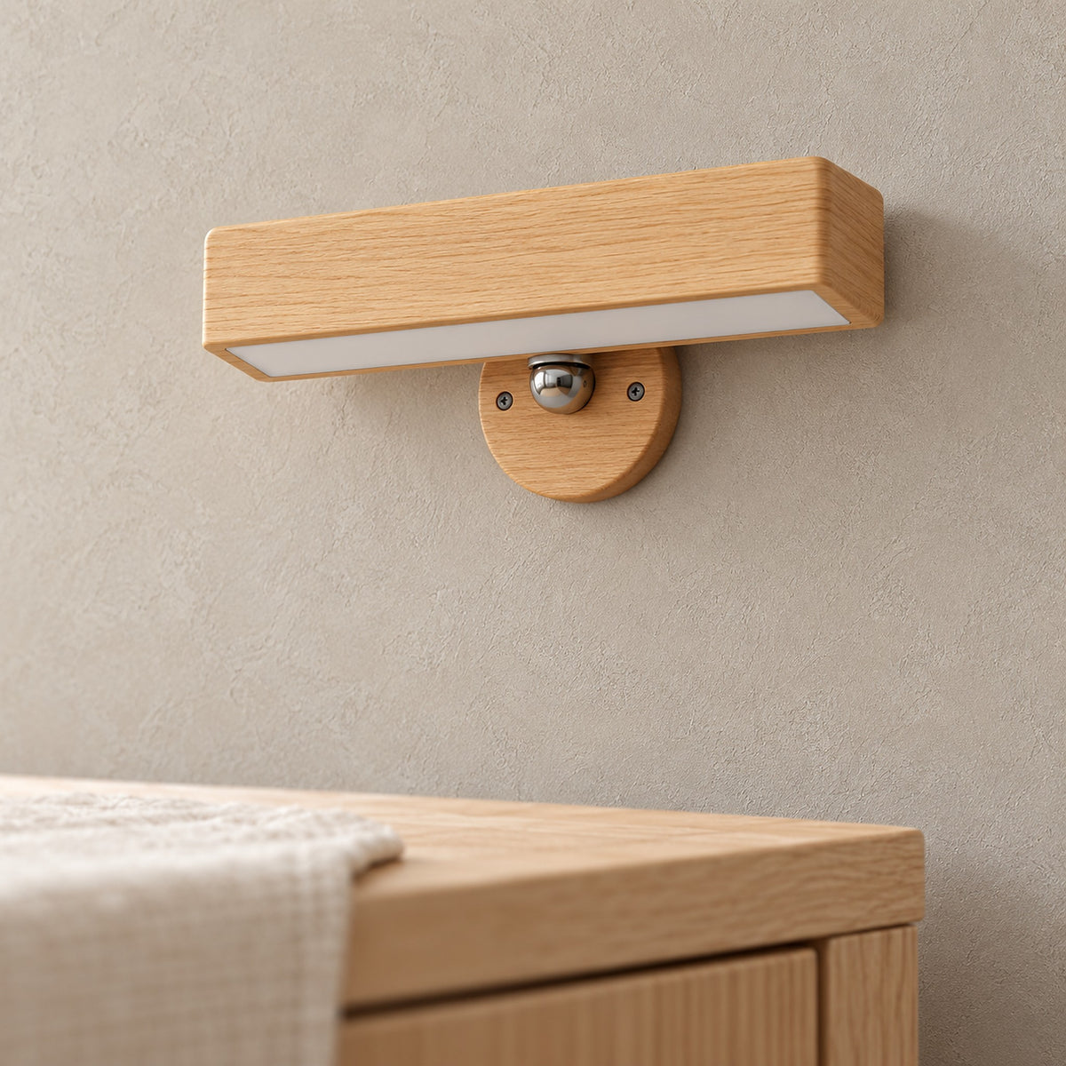 Mirsavel natural led wall sconce close up showing the solid wood grain and plastic shade