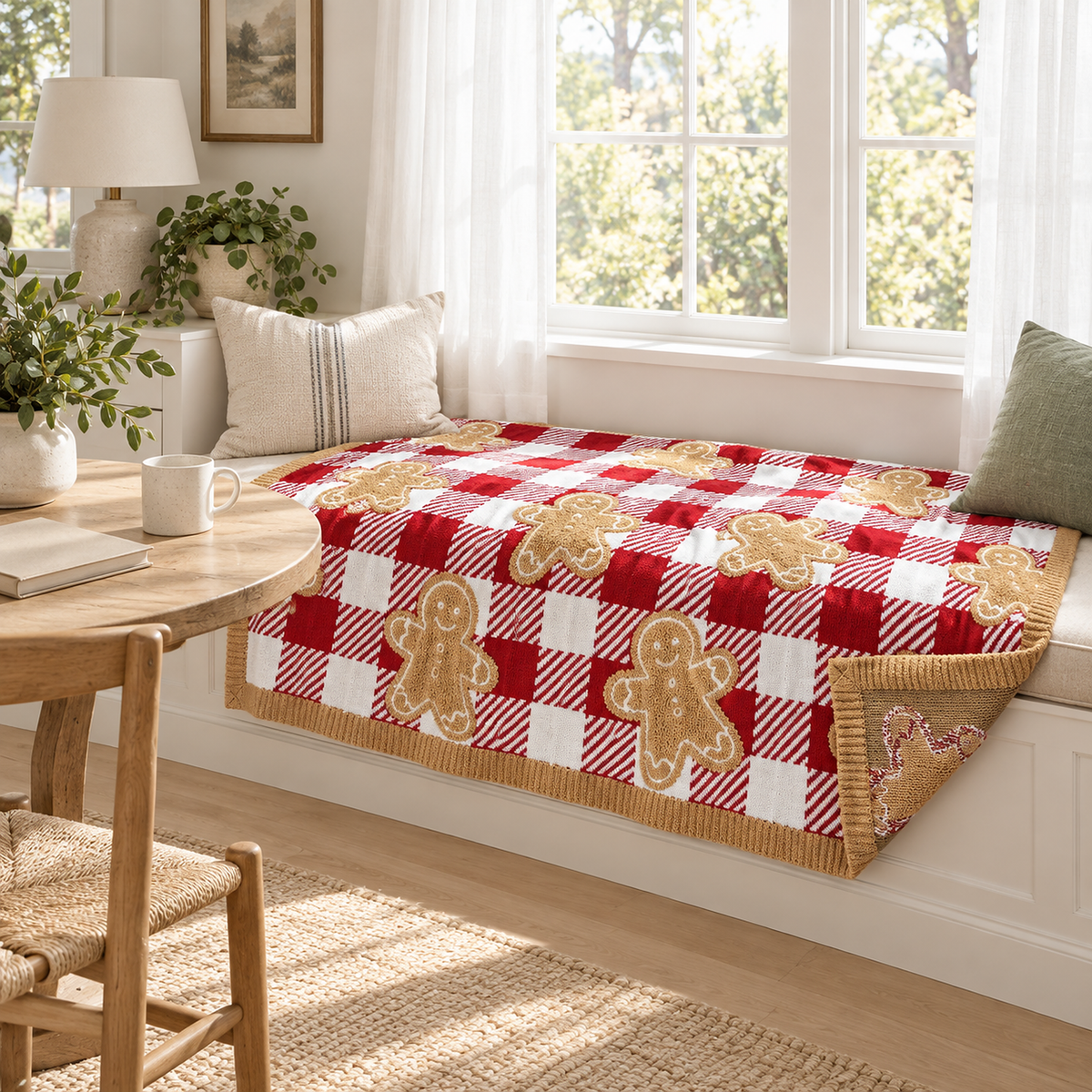 Mirvesa red and white plaid Christmas throw blanket with tan gingerbread figures draped over a window seat