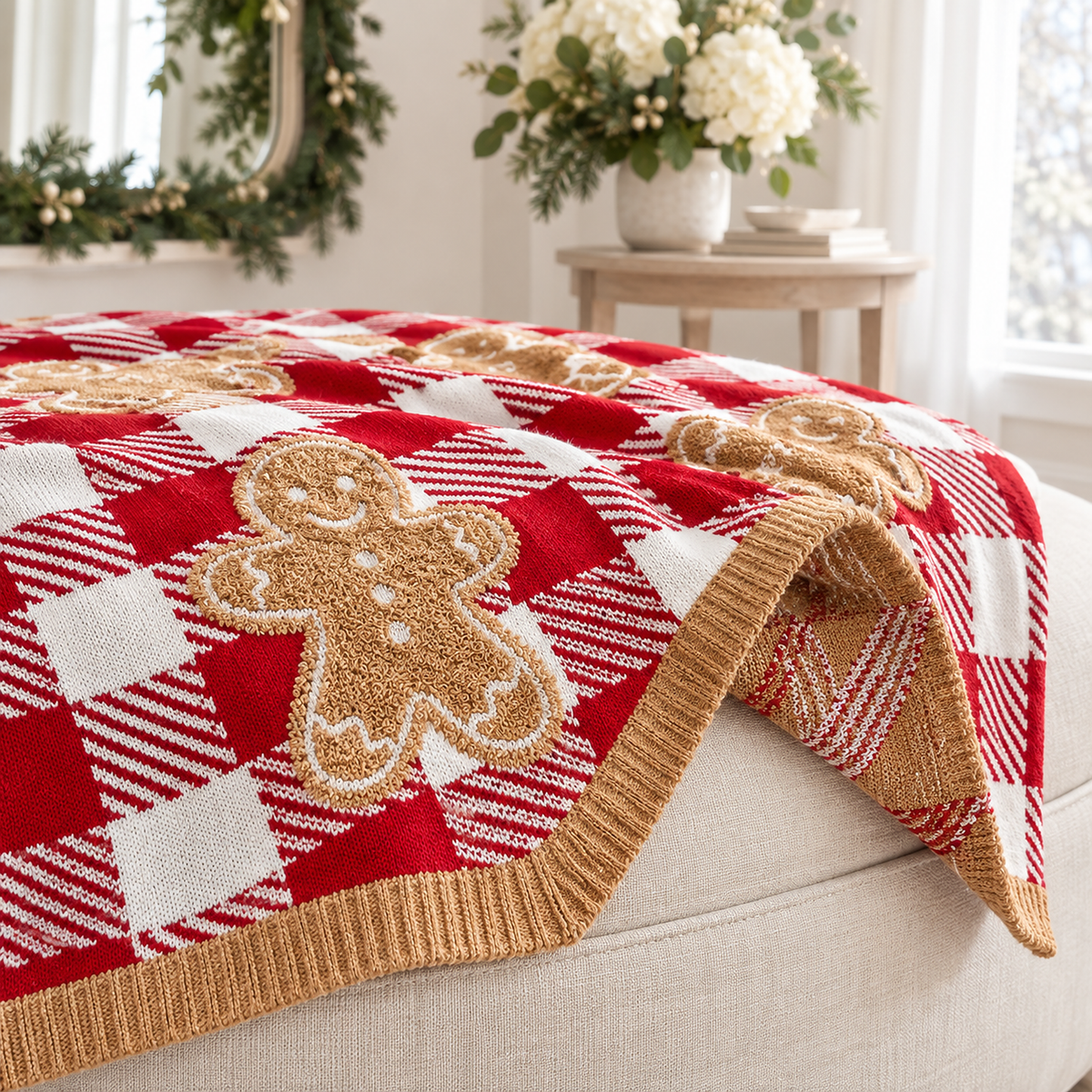 Mirvesa checkered gingerbread man christmas throw blanket showing embroidered gingerbread on its coral fleece ground