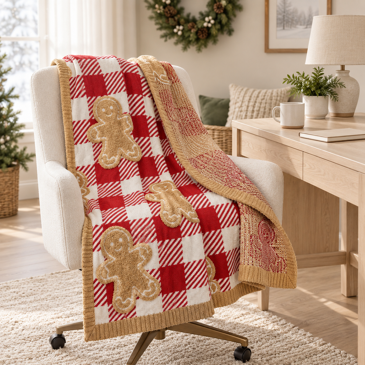 Mirvesa checkered gingerbread man plush throw blanket with a corner turned to reveal its tan patterned underside