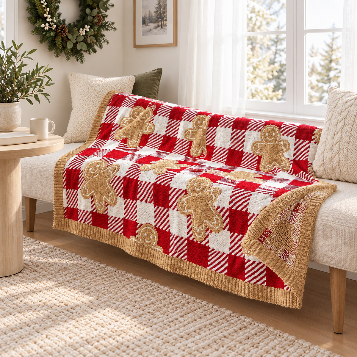 Mirvesa checkered gingerbread man soft throw blanket open on a breakfast nook bench with one corner turned