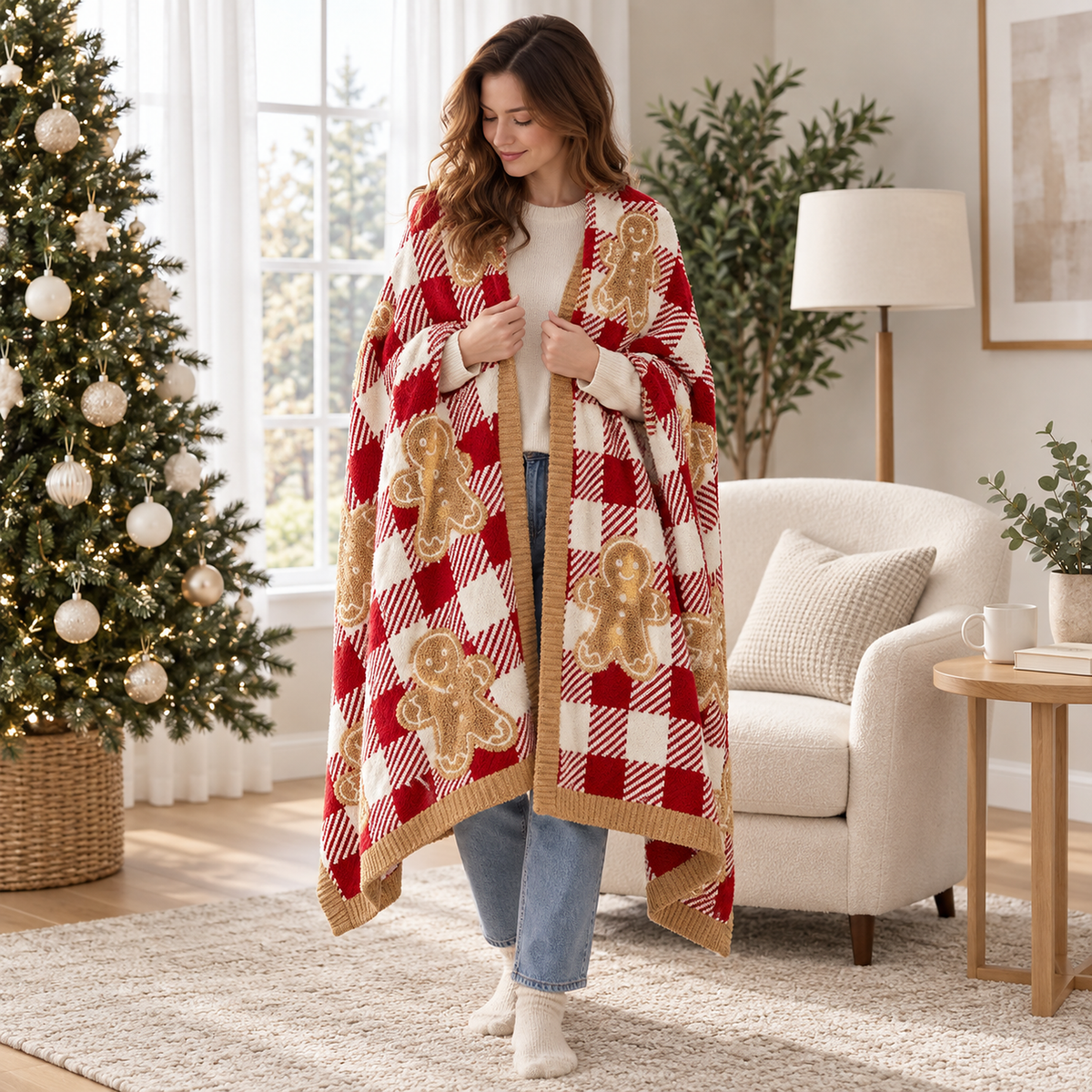 Mirvesa checkered gingerbread man soft throw blanket wrapped around an adult in a bright sitting alcove