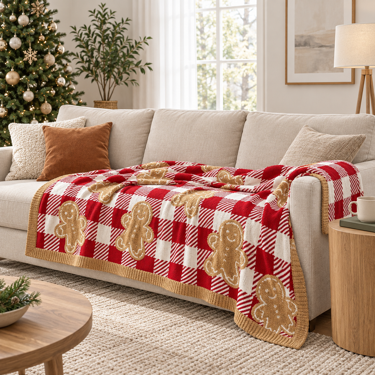 Mirvesa checkered gingerbread man throw blanket for couch arranged for lap use on a pale sitting room sofa