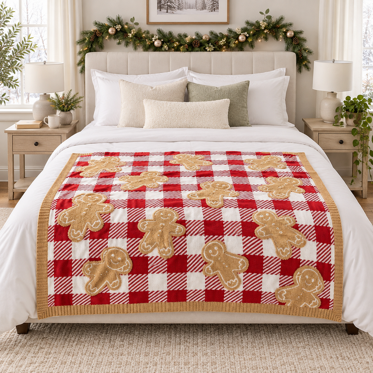 Mirvesa checkered gingerbread man throw blanket laid open across the foot of a queen bed