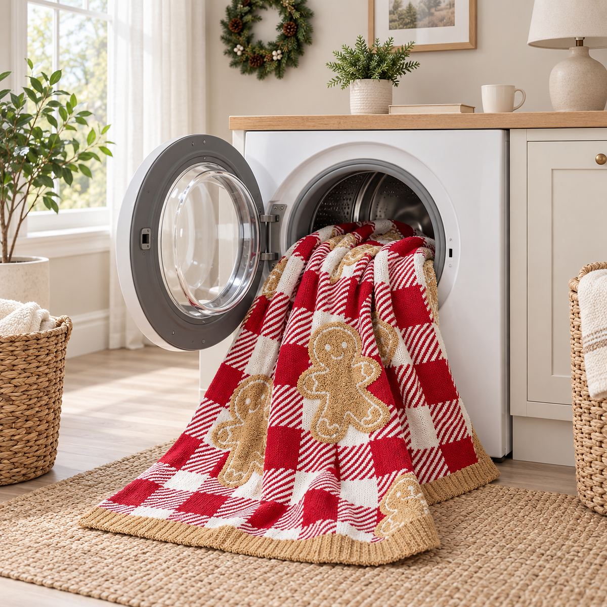 Mirvesa checkered gingerbread man throw blanket loosely placed into a home washing machine
