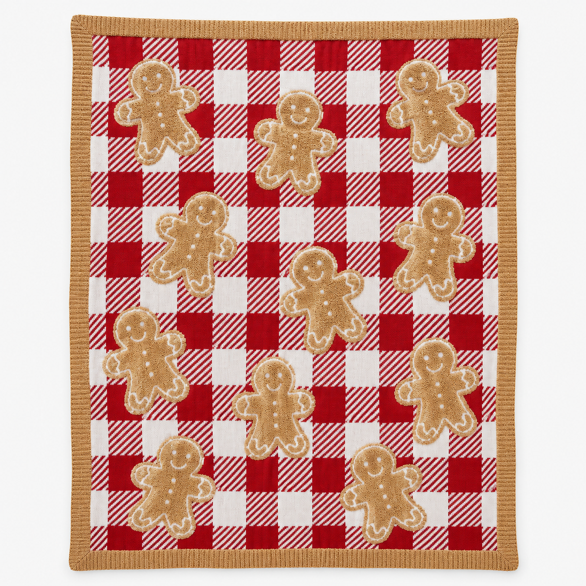 Mirvesa christmas knit throw blanket in checkered gingerbread man laid fully open to show the gingerbread plaid