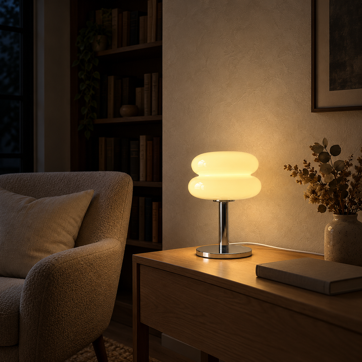 Misolen cream stained glass table lamp casting a soft pool of color in a library at night