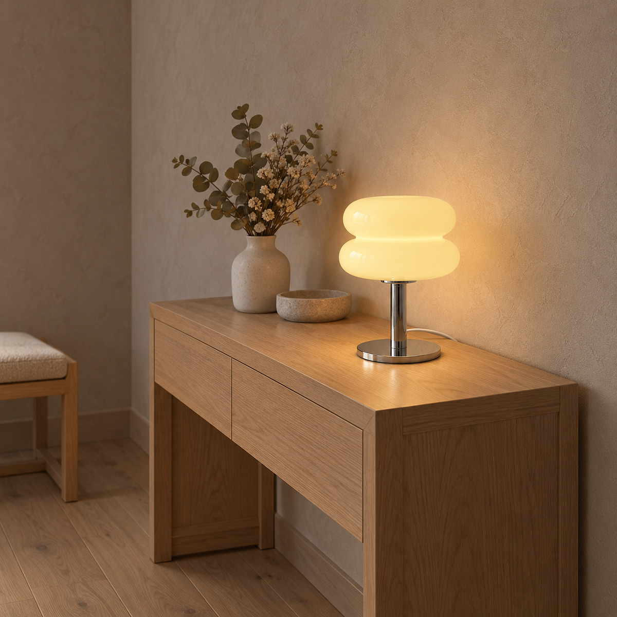 Misolen cream stained glass table lamp glowing on an entry console at dusk