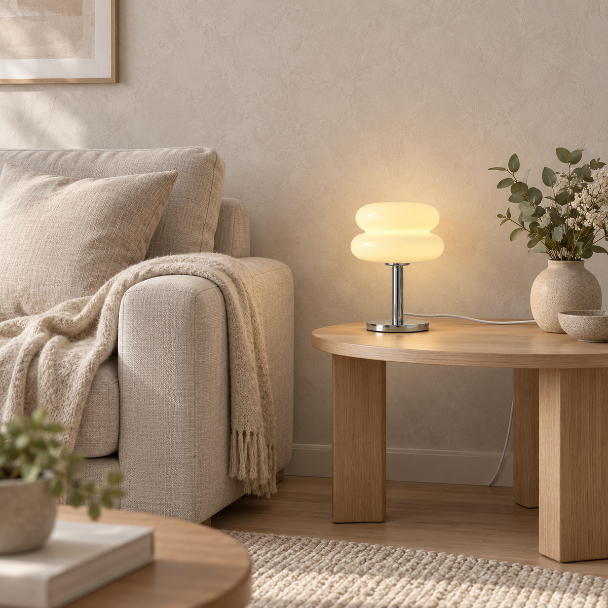 Misolen cream stained glass table lamp on a living room side table beside the sofa