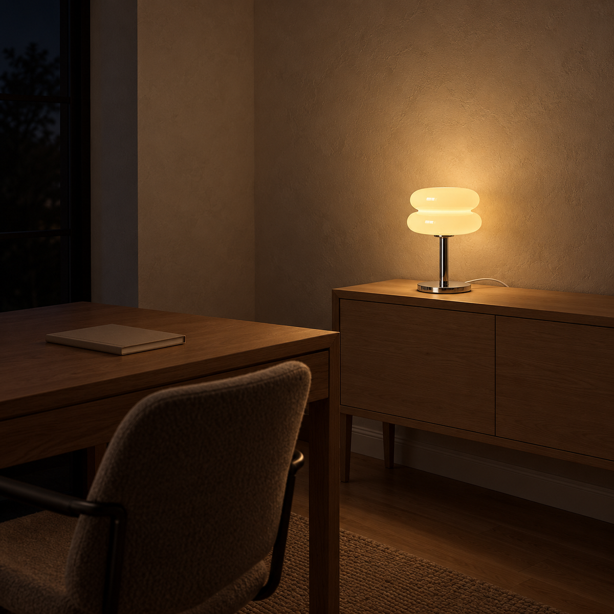 Misolen cream table lamp glowing beside a home office desk at night