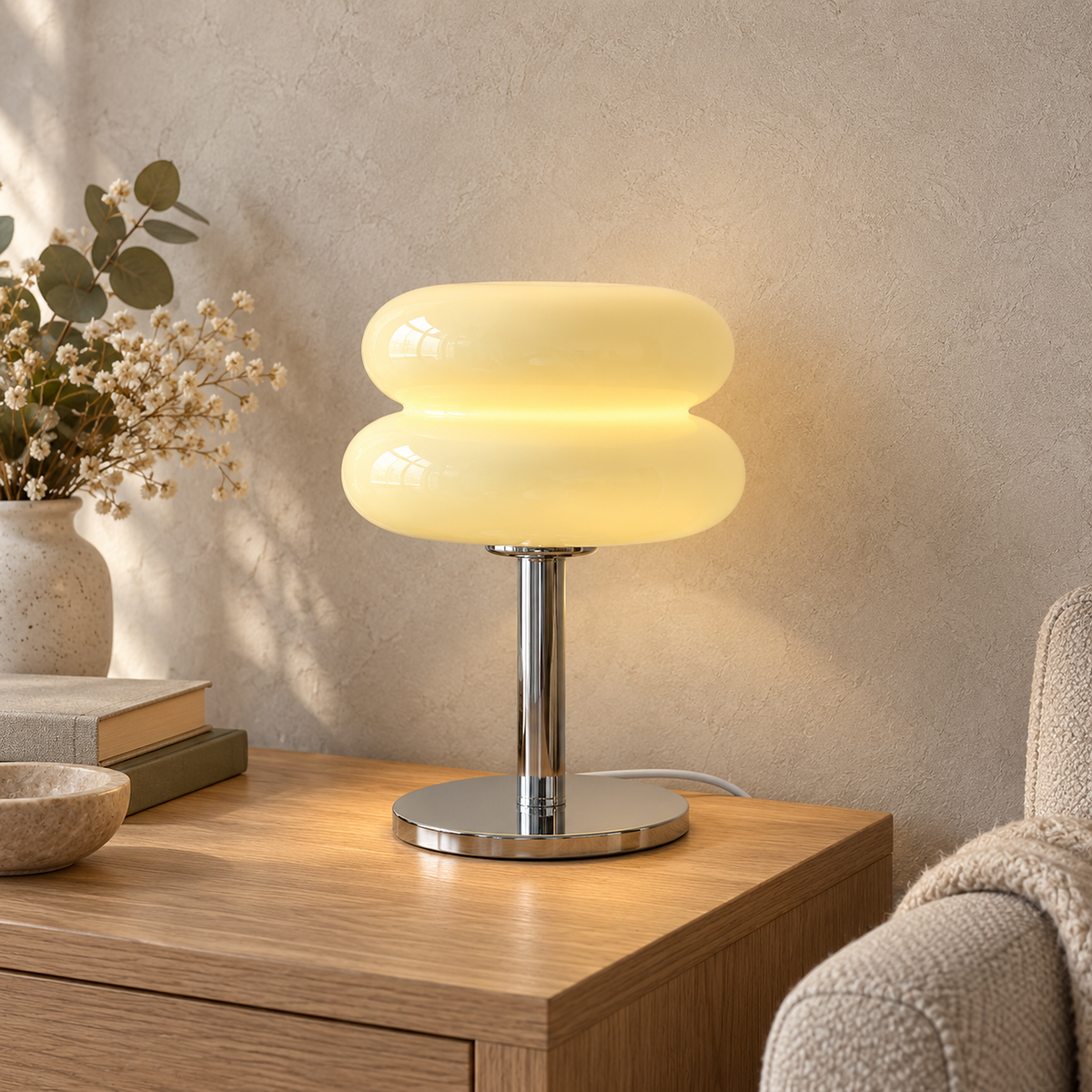 Misolen cream table lamp glowing beside an oatmeal library chair on a bright day