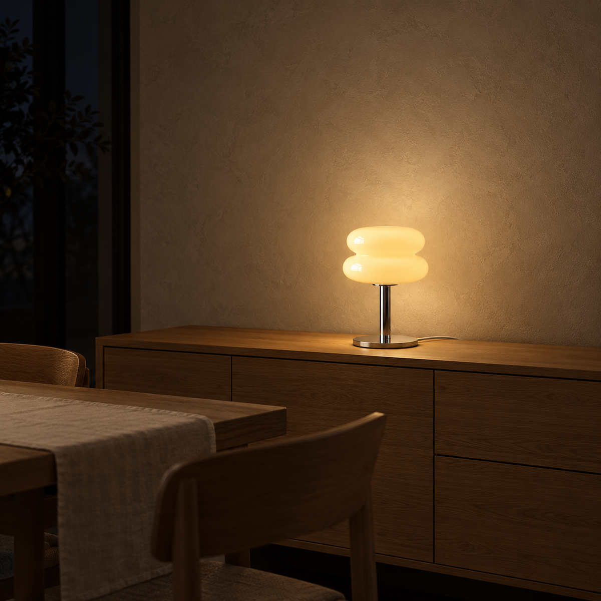 Misolen cream table lamp warming a dining room console after dark