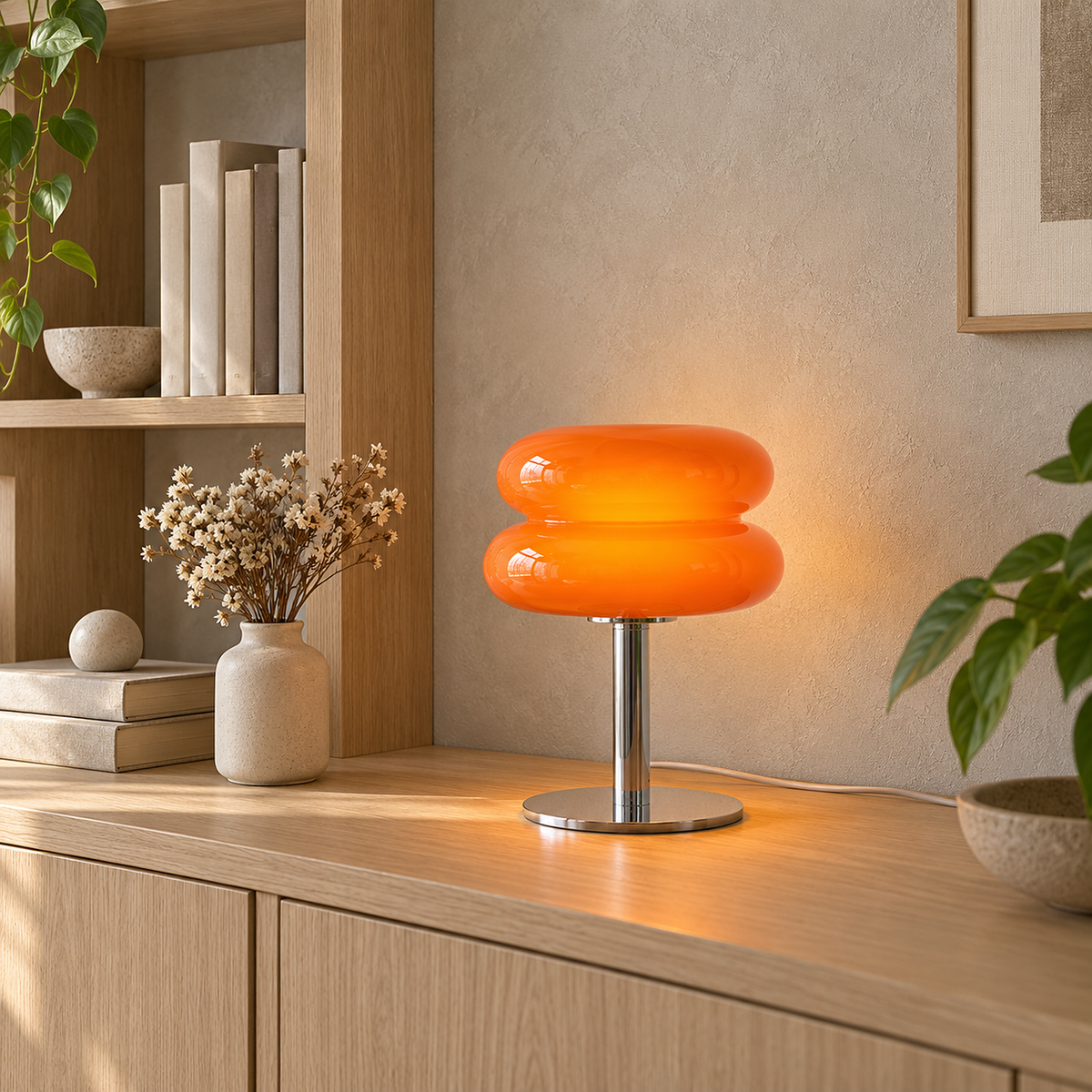 Misolen orange stained glass table lamp adding color beside library shelving on a bright day #color_orange