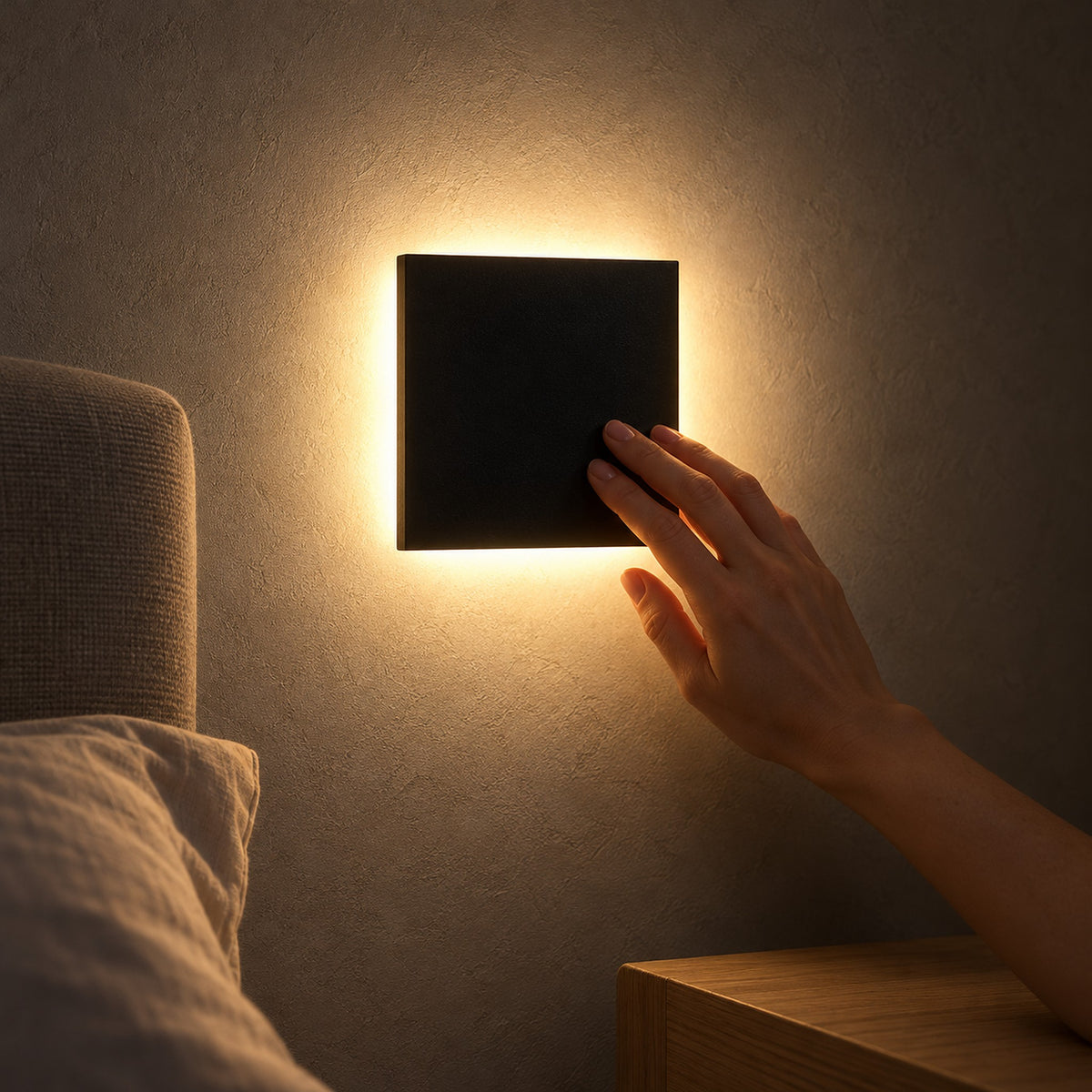Mivorel black bedside wall light with a warm halo glowing beside the bed at night
