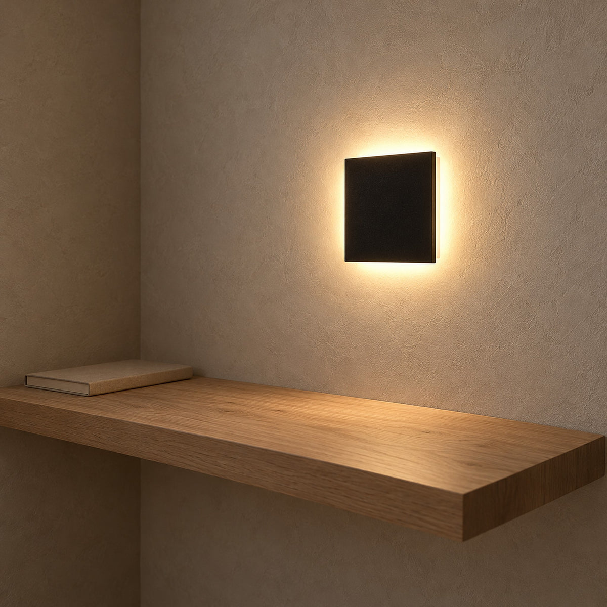 Mivorel black wall lamp lit above a tidy writing shelf in a study