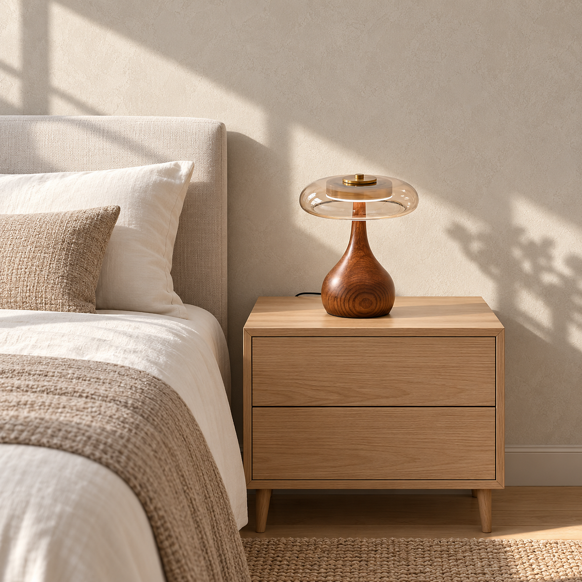 Molirea bedside lamp in brown wood and amber on a small bedroom cabinet with space to spare