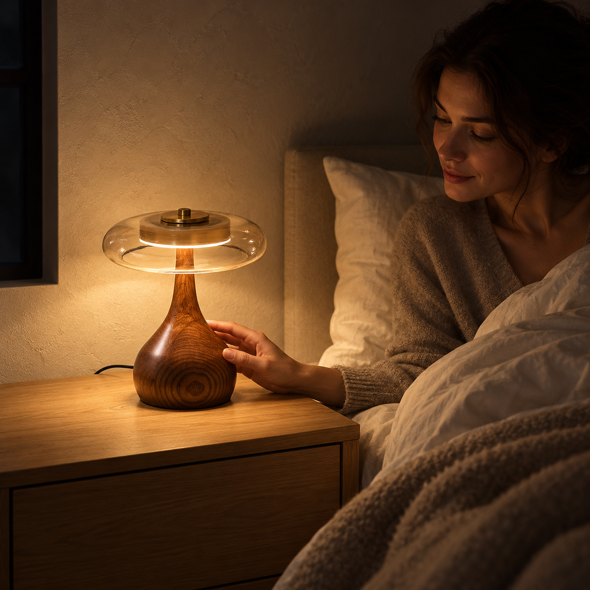 Molirea bedside lamp in brown wood and amber, switched on with a touch from bed at night