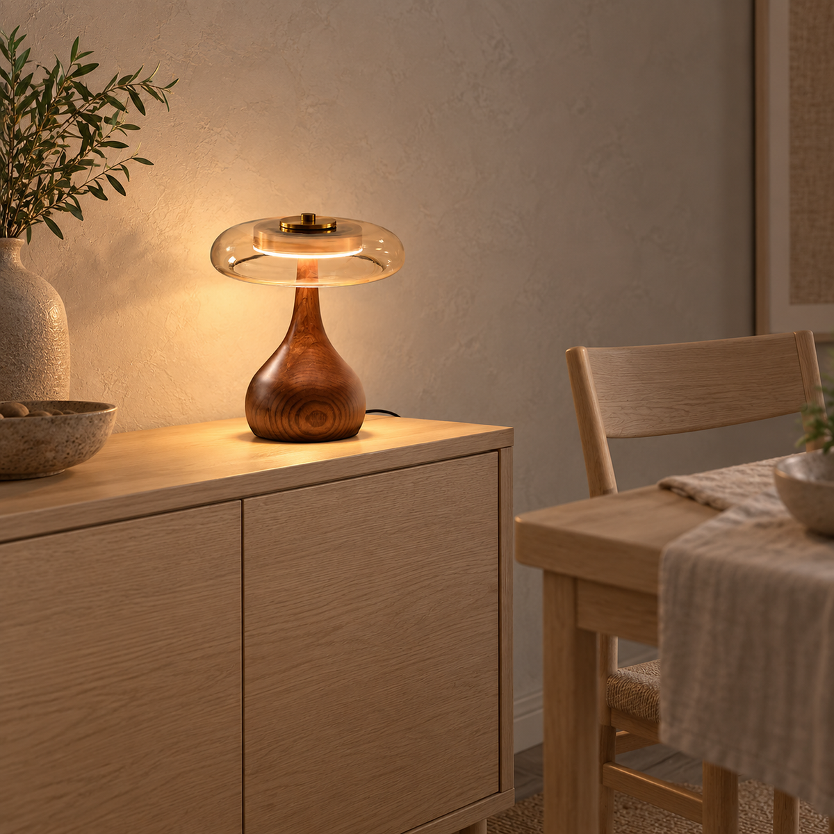 Molirea table lamp in brown wood and amber glowing on a dining cabinet