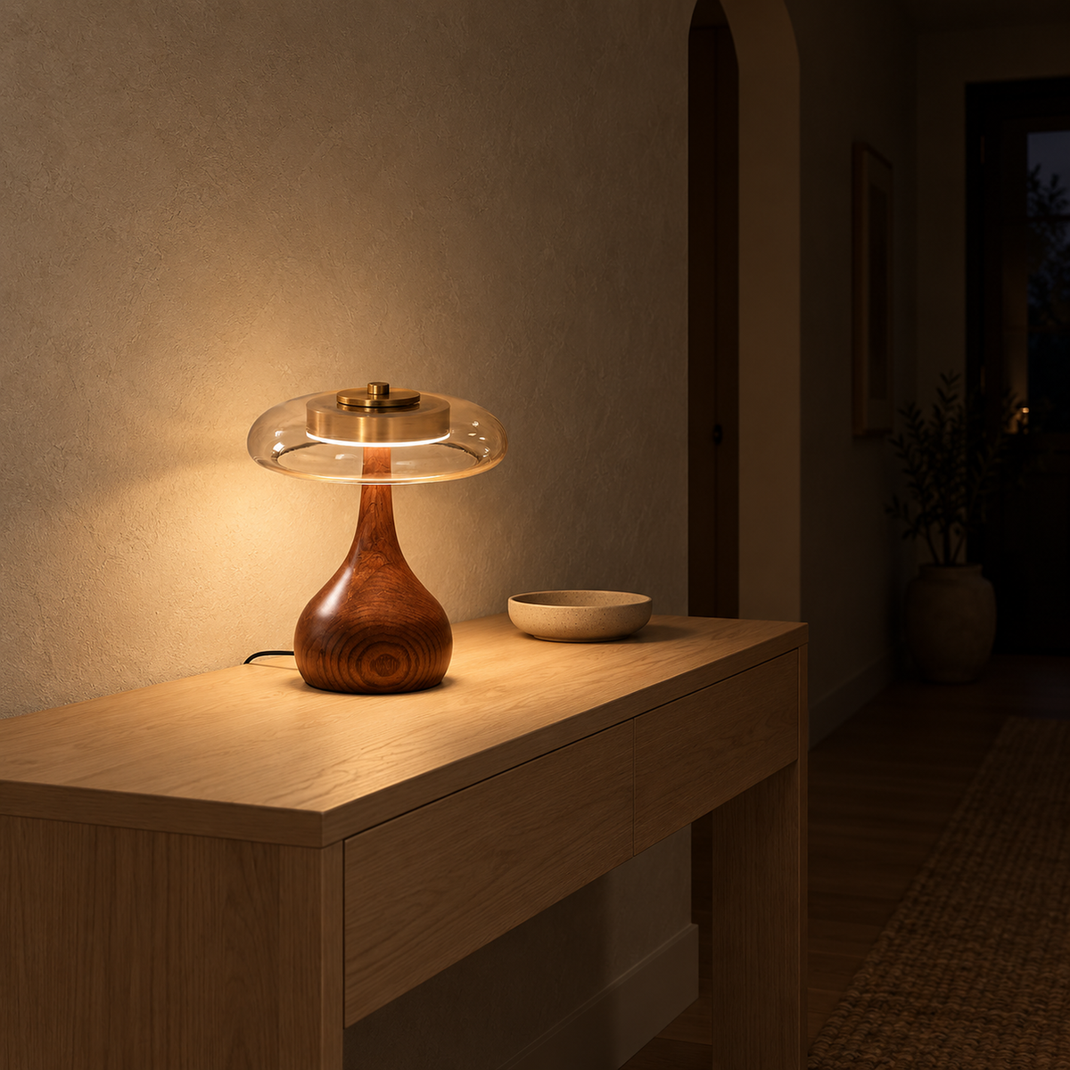 Molirea brown wood table lamp with an amber tinted shade, illuminated on a wooden console beside a bowl