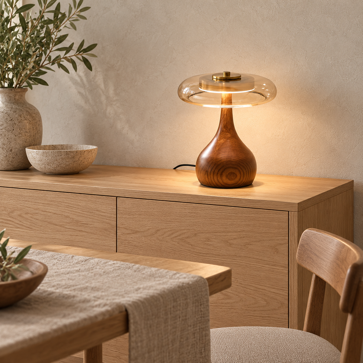 Molirea wood table lamp in brown wood and amber with its cord running behind the base