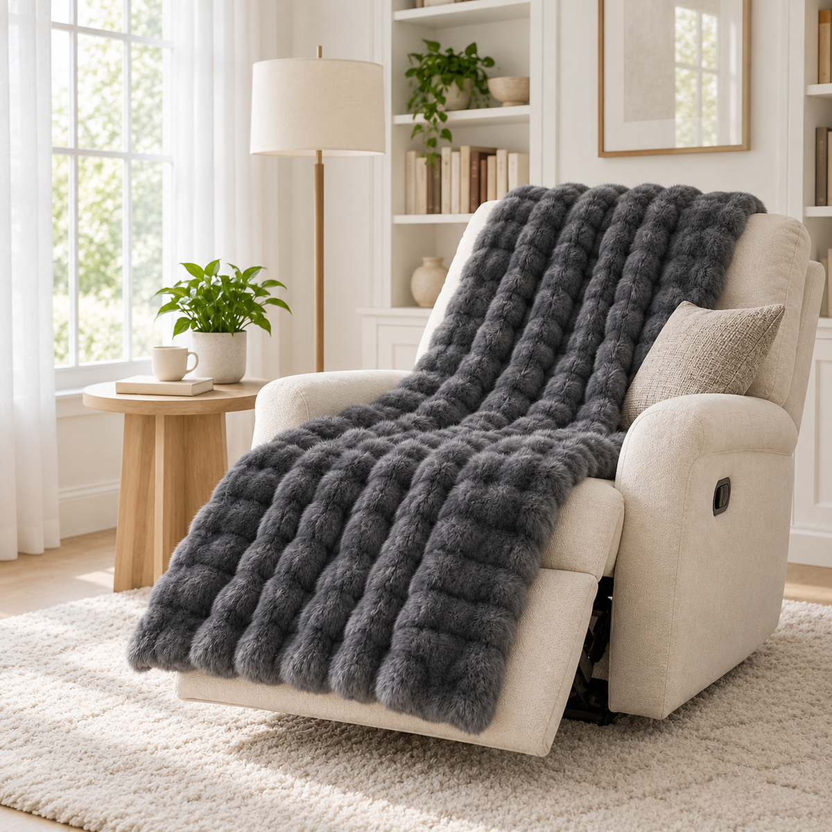 Molvari black soft throw blanket laid open and ready on a reclining chair in a library bay #color_black