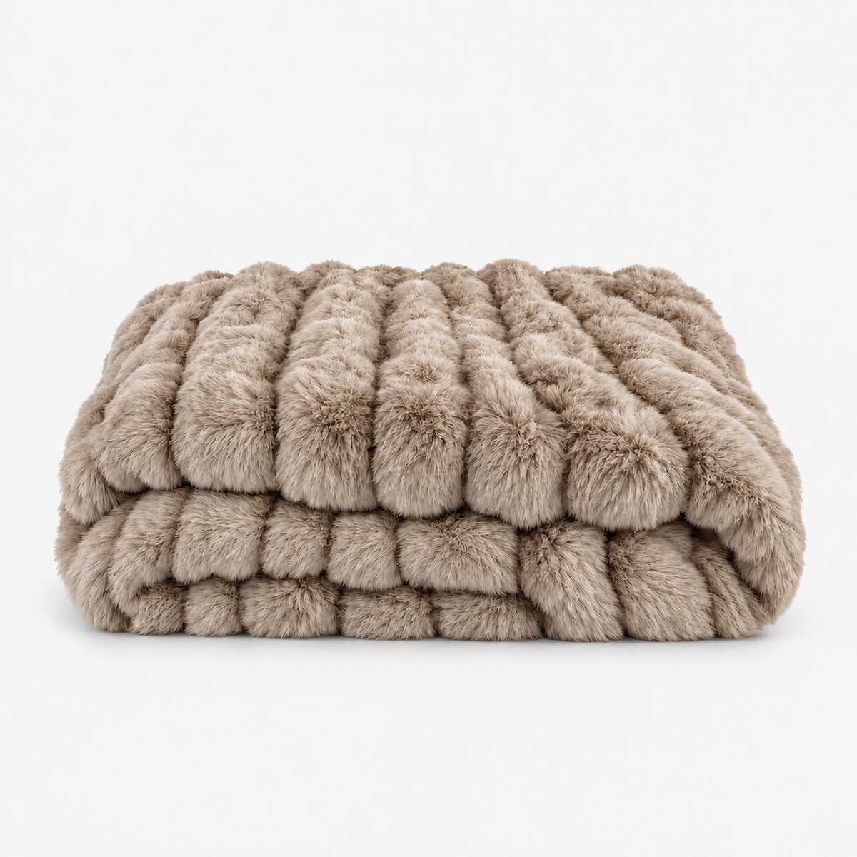 Molvari brown faux fur throw blanket loosely folded on a plain white background