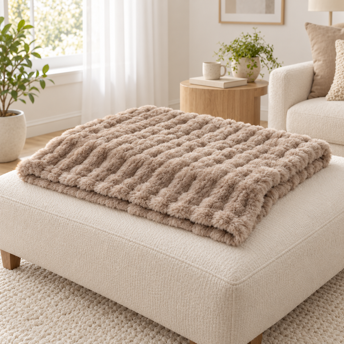 Molvari brown plush throw blanket in a single fold showing its natural thickness on an ivory ottoman