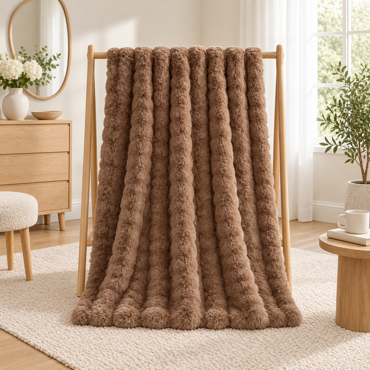 Molvari brown plush throw blanket opened over a wooden blanket rail in a dressing room