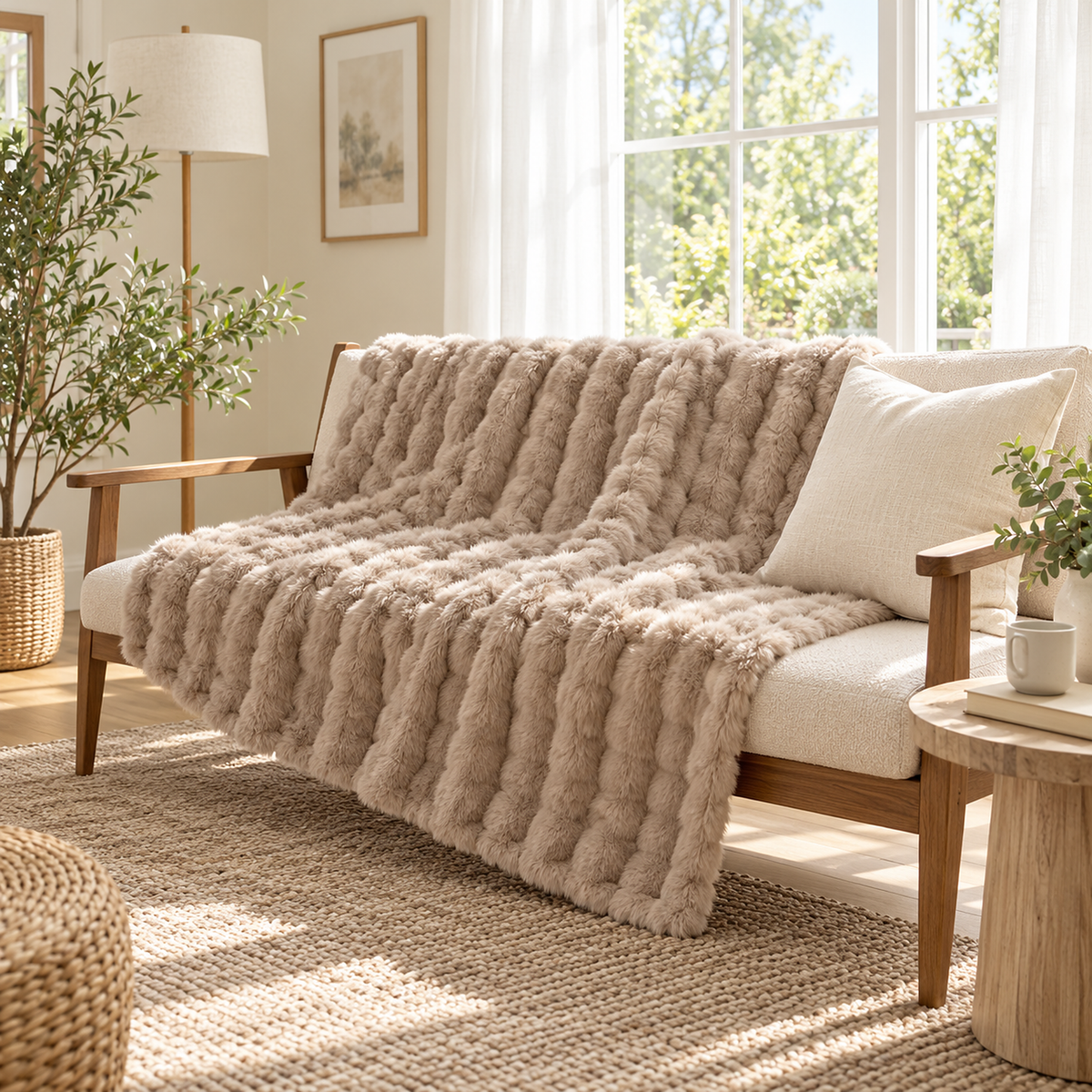Molvari Brown soft throw blanket with raised plush rows draped over a wooden framed sofa beside bright windows