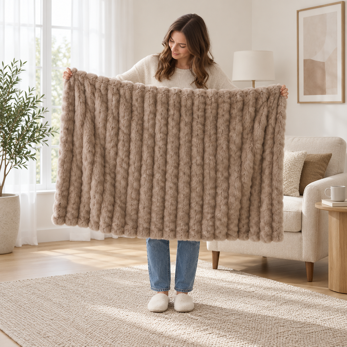 Molvari brown soft throw blanket held fully open beside an adult in a bright sitting room