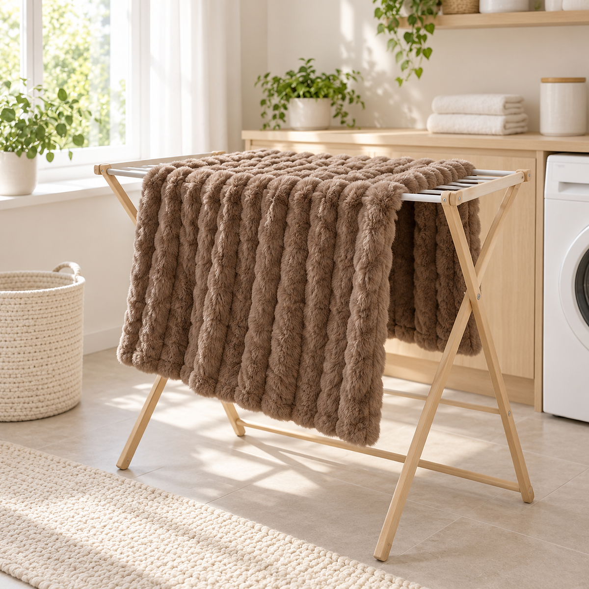 Molvari brown throw blanket air drying after a gentle wash in a bright laundry room