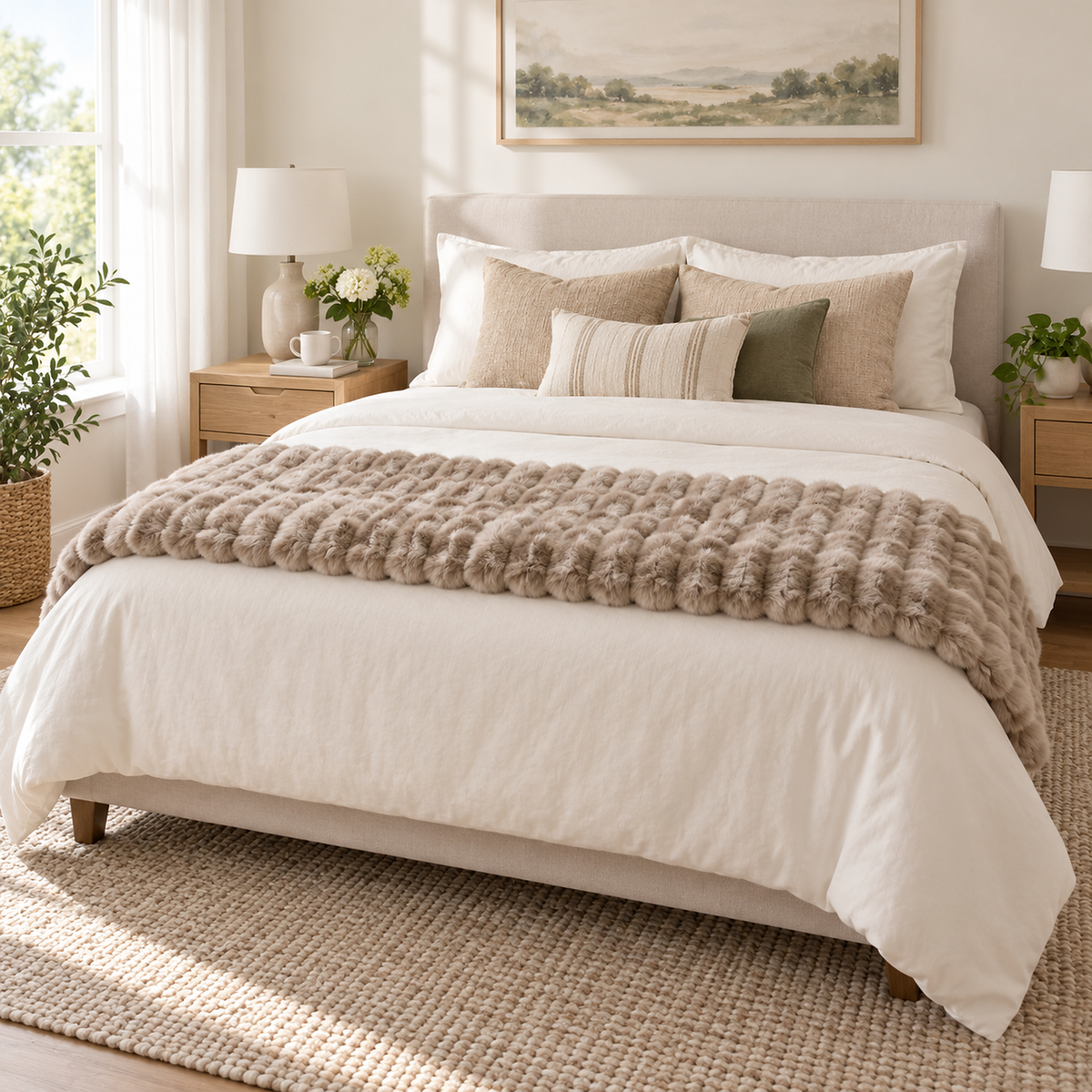 Molvari brown throw blanket folded across the foot of a bed in the main bedroom
