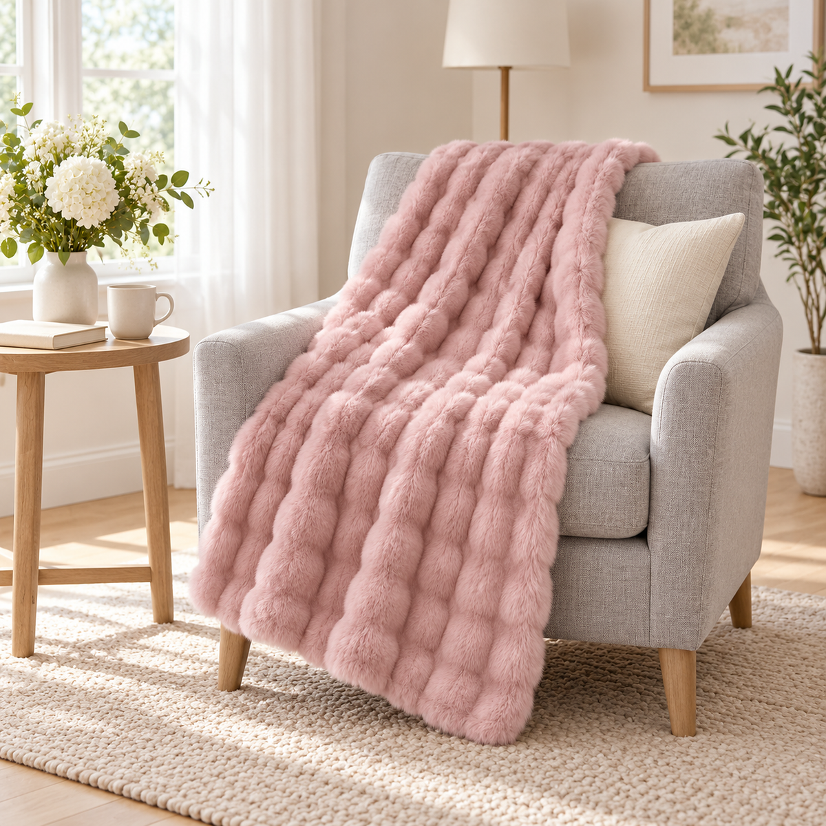 Molvari pink throw blanket for couch draped over an upholstered chair in a flower room sitting corner #color_pink