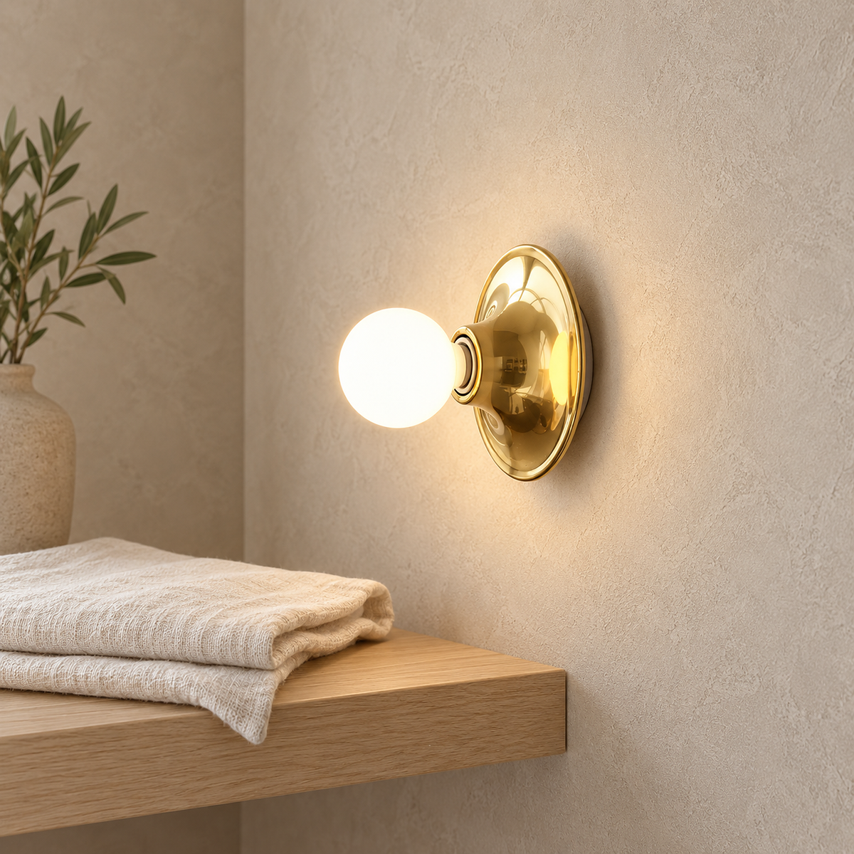 Monterla gold wall lamp lit beside a shelf in a dressing room #color_gold