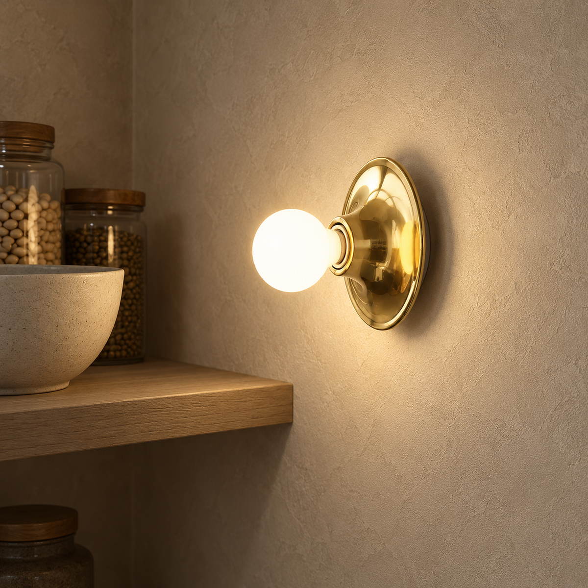 Monterla gold wall light warming a pantry shelf corner with its bare bulb #color_gold
