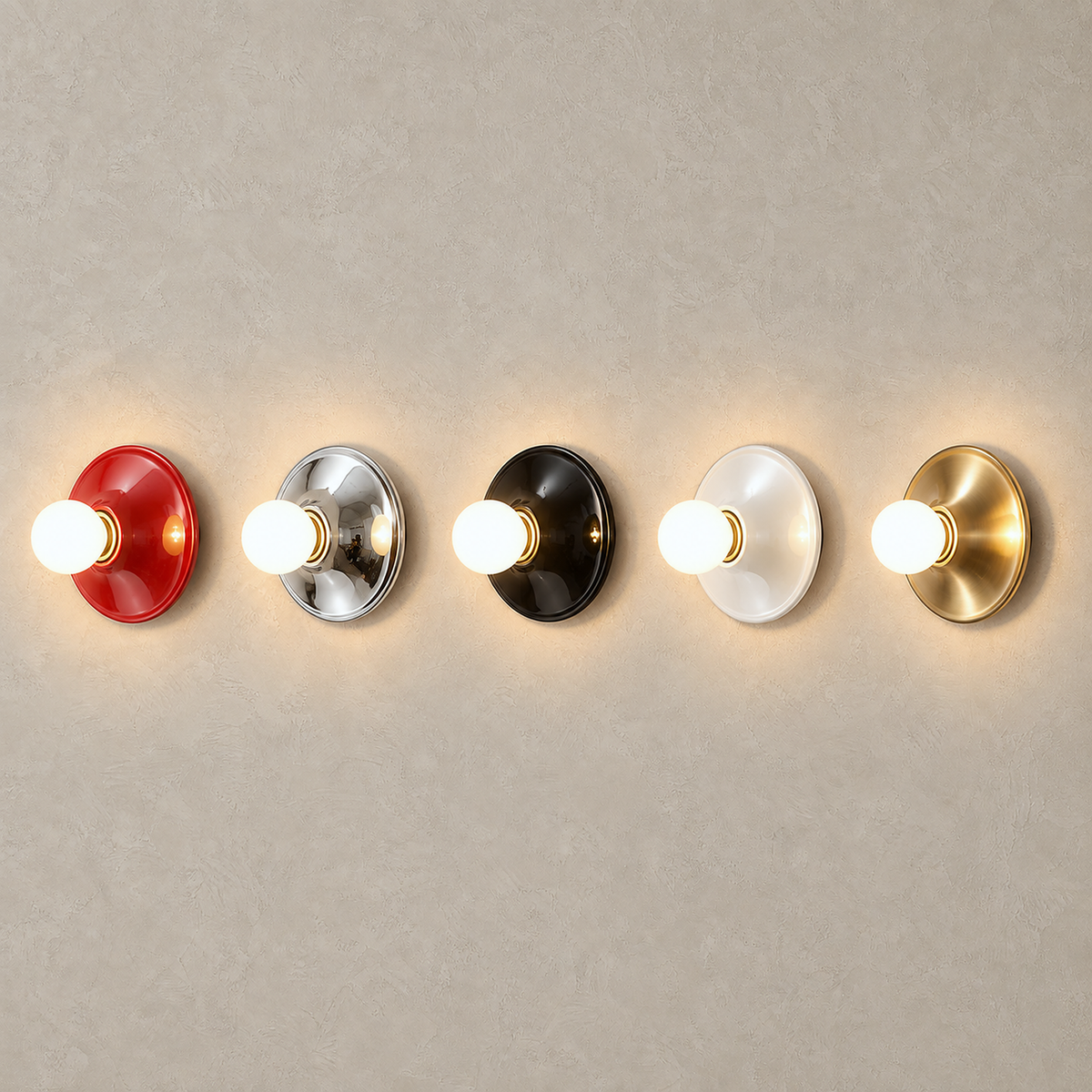 Monterla plug in wall sconce in red, chrome, black, white and gold lined up together