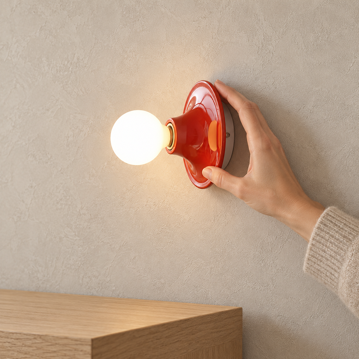 Monterla red plug in wall lamp mounted above a bare sideboard in a living room