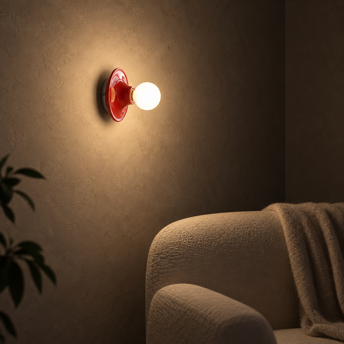 Monterla red plug in wall lamp warming a quiet seating corner at night