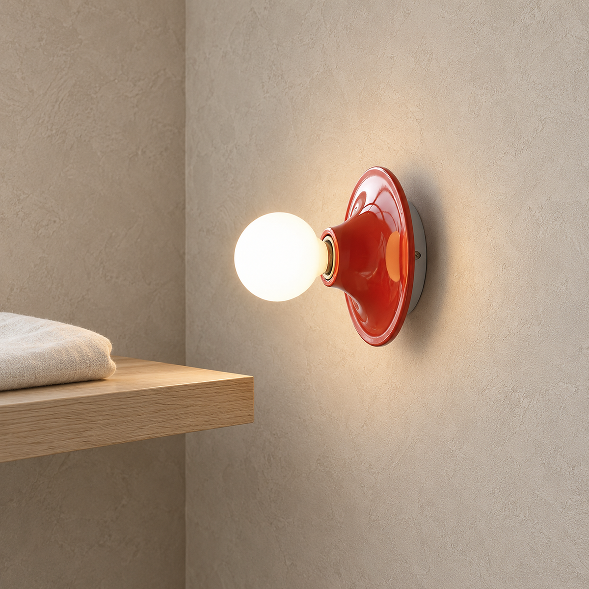 Monterla red wall sconce side profile showing the assembled canopy and dish