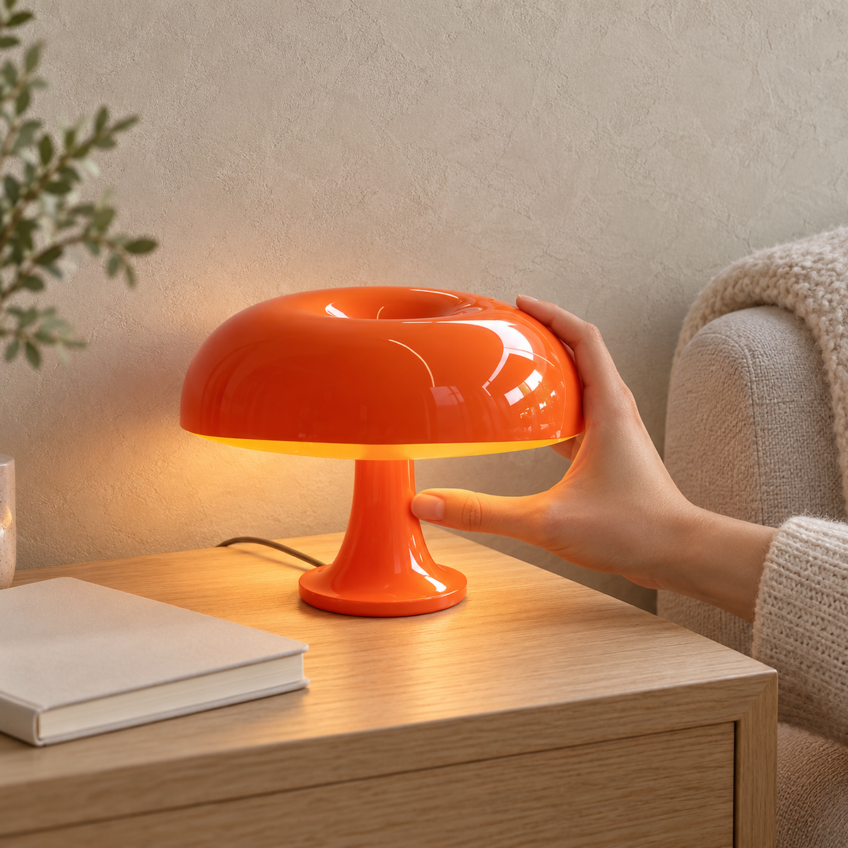 Moranel orange mushroom table lamp lit on a small side table in a living room by day