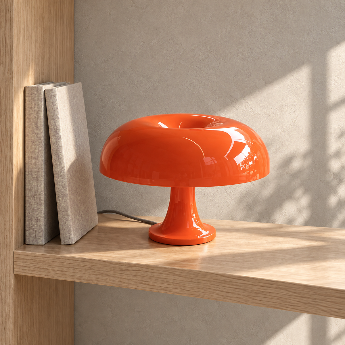 Moranel orange mushroom table lamp unlit beside plain books in a library shelf nook