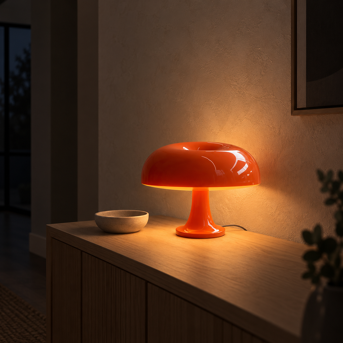 Moranel orange table lamp warming an entry console corner with its glow at night