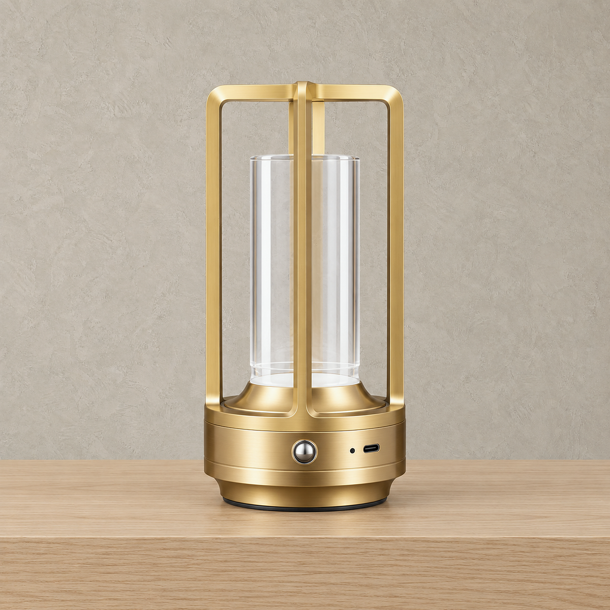 Morisela gold rechargeable table lamp standing unlit on a plain pale tabletop