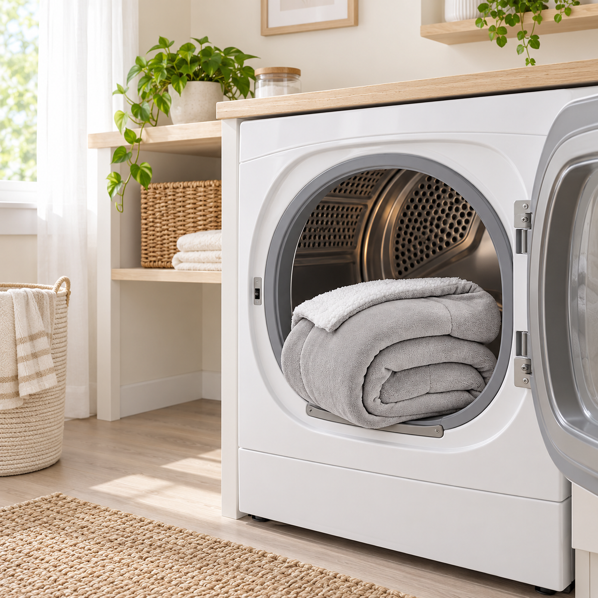 Morivel light gray fleece throw blanket inside an open dryer, ready to tumble dry low