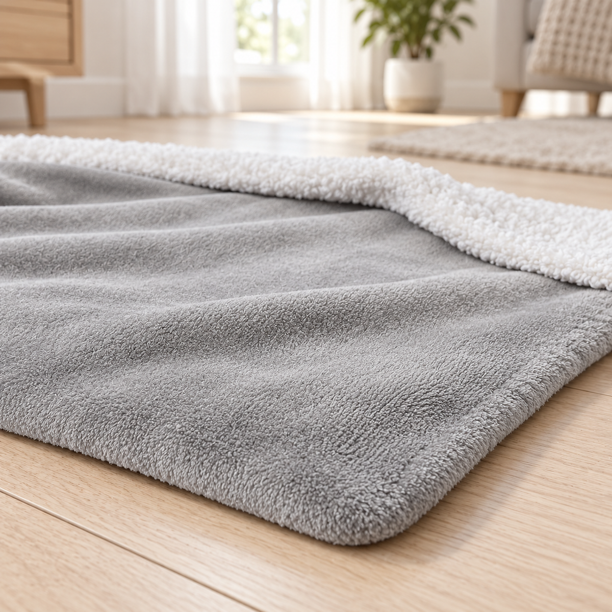 Morivel light gray plush throw blanket, close view of the polar fleece face and short pile