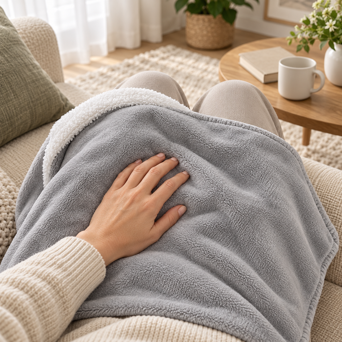 Morivel light gray plush throw blanket pressed gently over seated knees by an adult hand