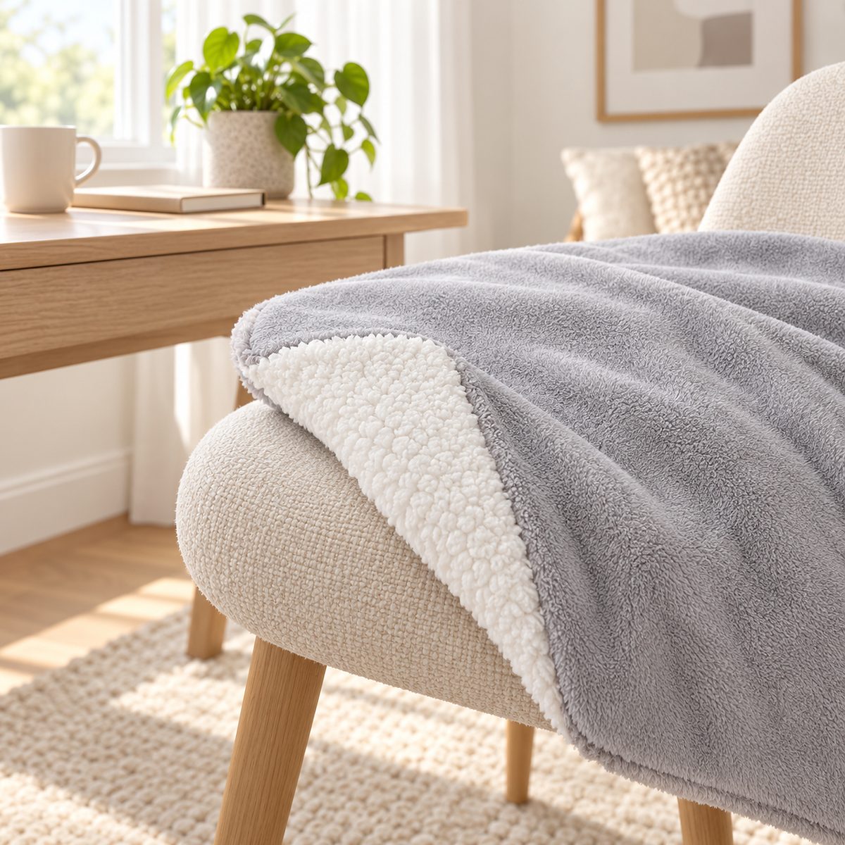 Morivel light gray sherpa throw blanket with a corner turned back to show the white sherpa reverse