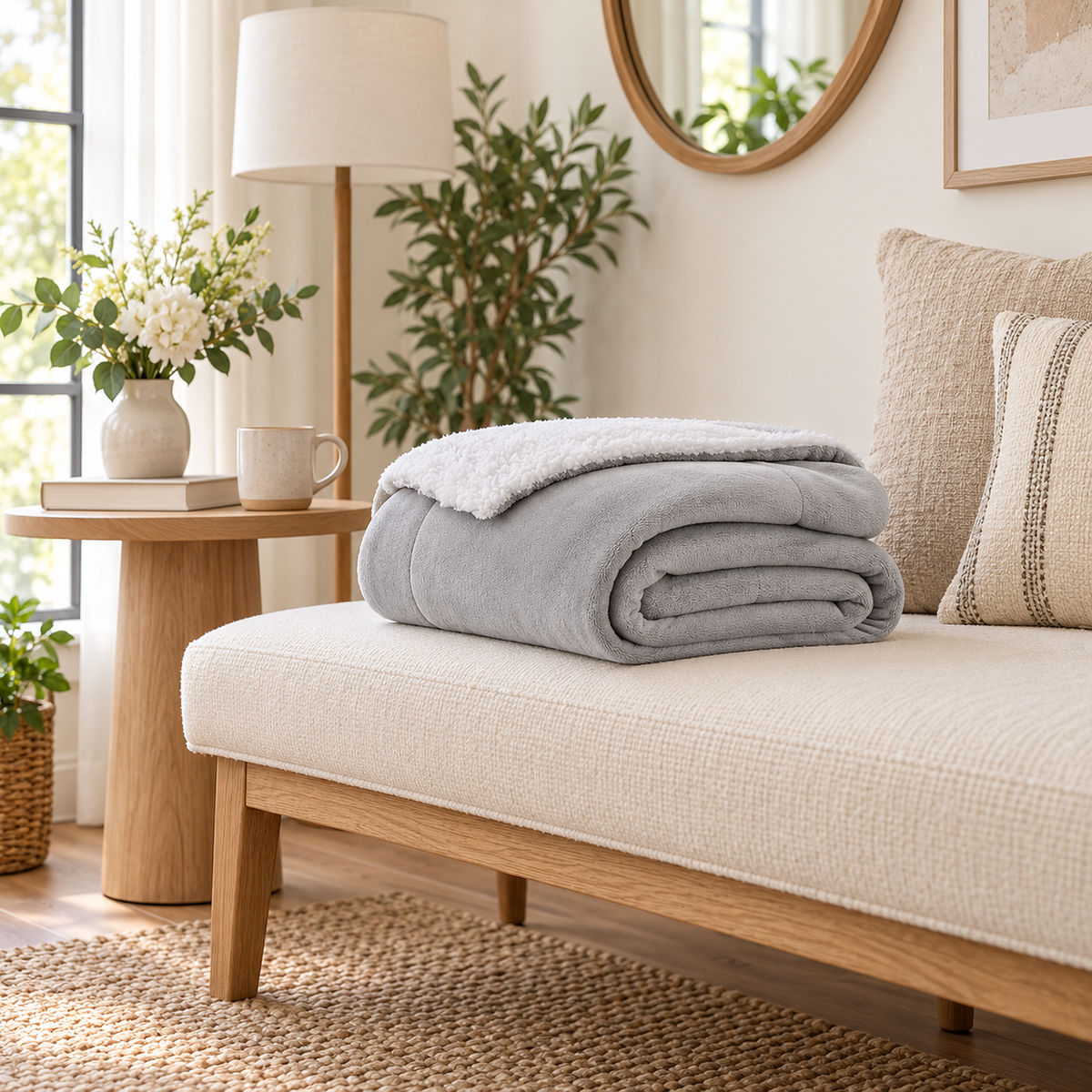 Morivel light gray soft throw blanket in plush polar fleece folded on an entry bench