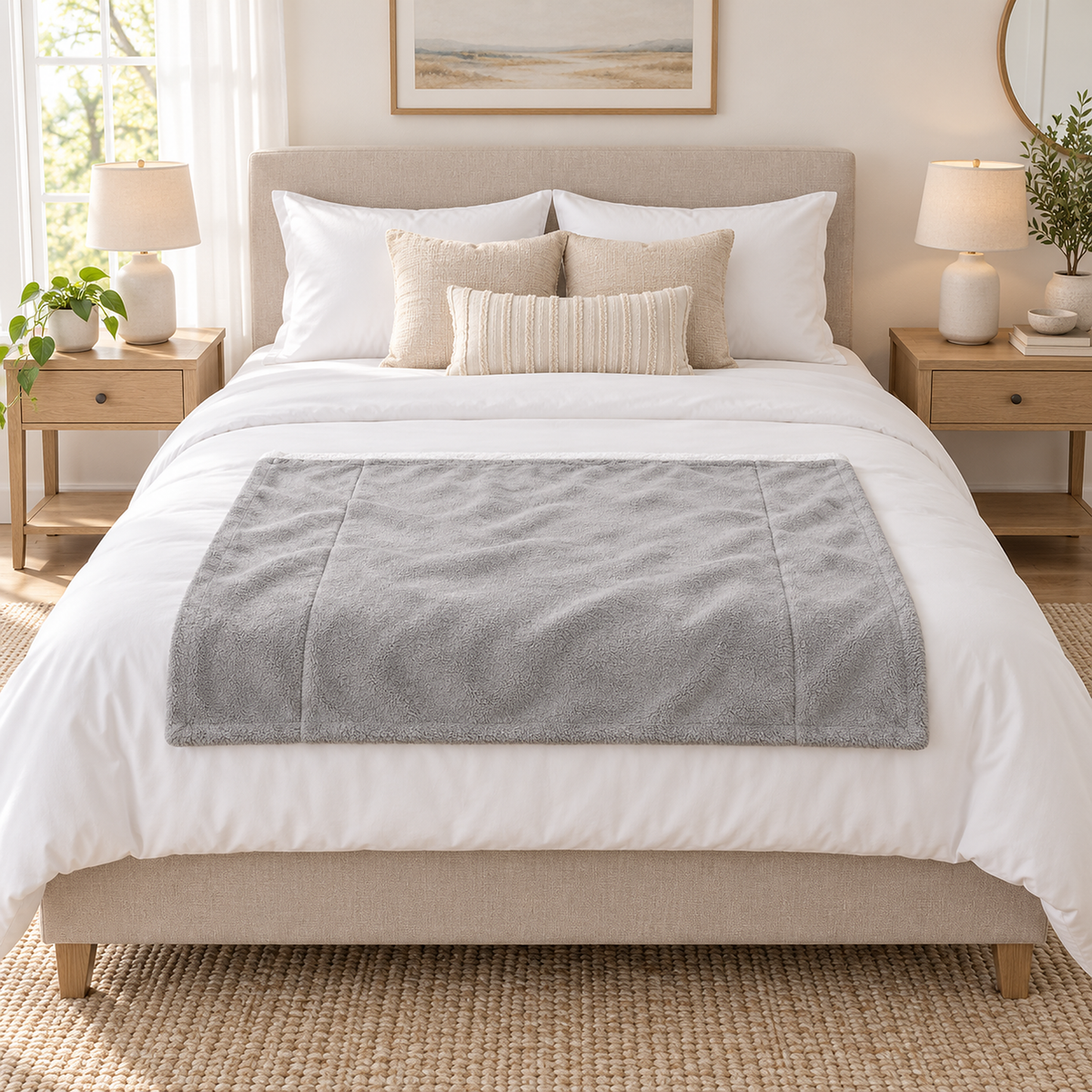 Morivel light gray throw blanket laid open on a made queen bed to show its small size